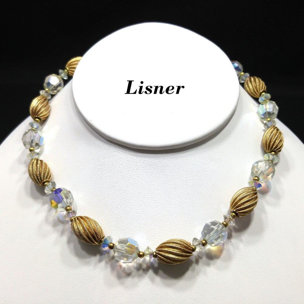 Lisner Aurora Borealis Crystal Beaded Necklace Gold Tone 1950s Vintage Jewelry